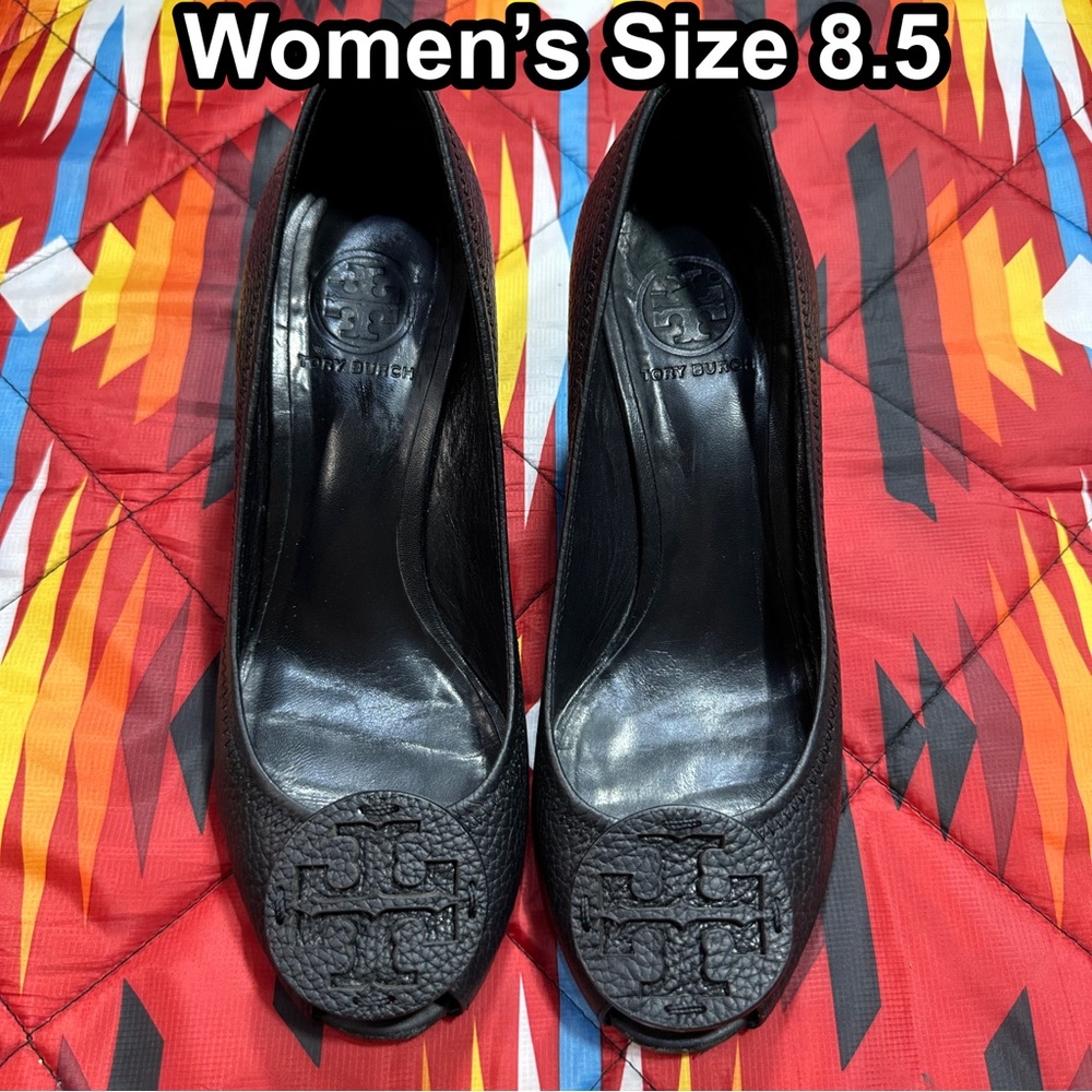 Tory Burch Leather Selma Wedge Logo Peep Toe Pump Black Women’s Size 8.5 M